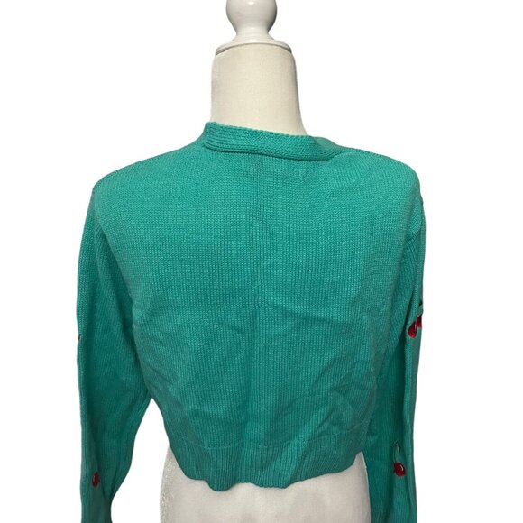 Sweet & Sinful Green Cardigan Cropped Sweater Cherries Size Medium - Picture 2 of 3